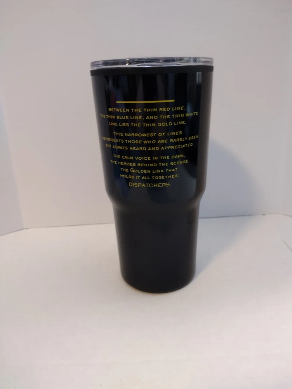 911 Dispatcher Black Tumbler with Yellow Striped Flag Design